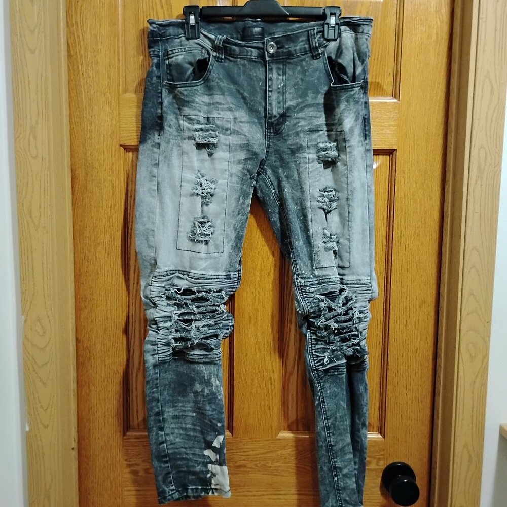 Bleecker & Mercer Men Streetwear Ripped Distressed Black/Gray Jeans Size 36/32